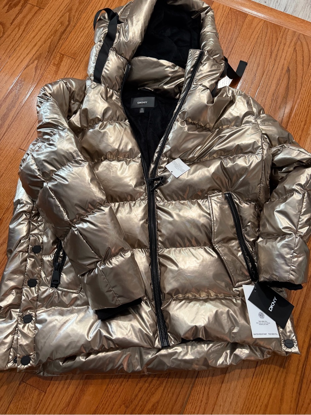 DKNY Metallic Champagne Quilted Puffer Jacket with Black Trim